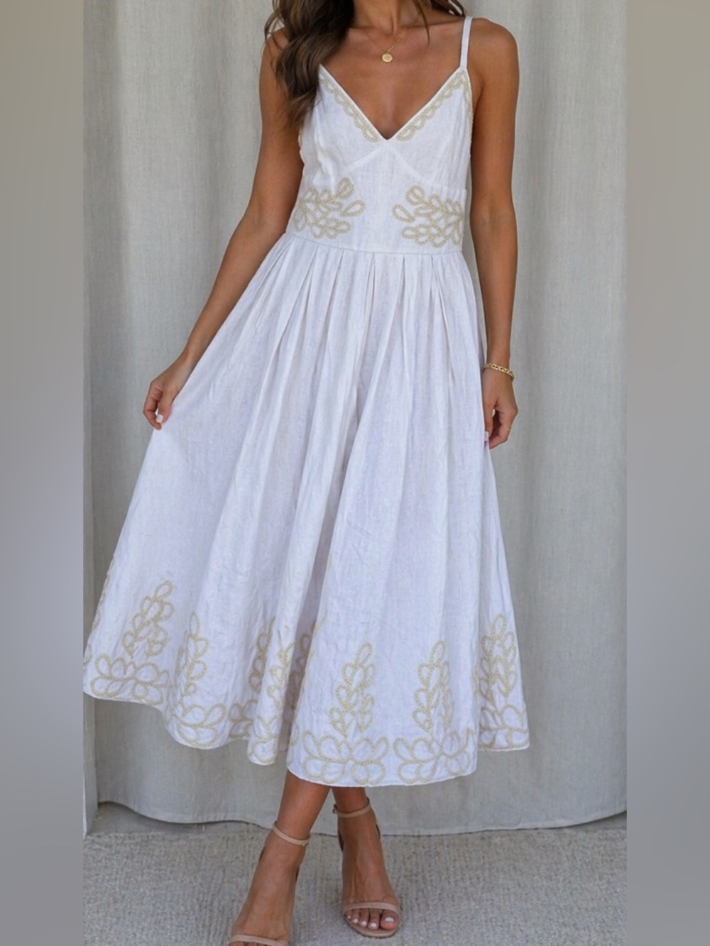 Christian Lacroix White Midi Dress with Gold Embroidered Motifs